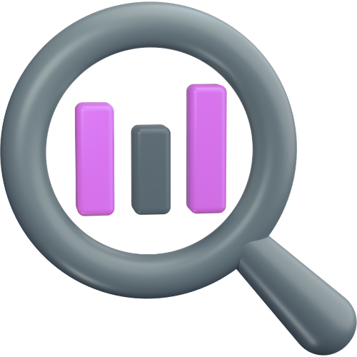 Magnifying glass focusing on a colorful bar chart with three vertical bars in pink, gray, and purple.