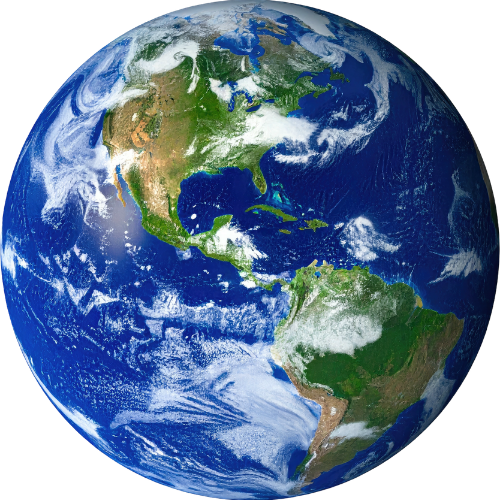 A satellite view of Earth showing North and South America, with parts of the Atlantic and Pacific Oceans, and clouds over the continents.