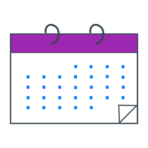 Calendar with a purple header, black outline, and blue dots representing dates, folded corner in the bottom right.